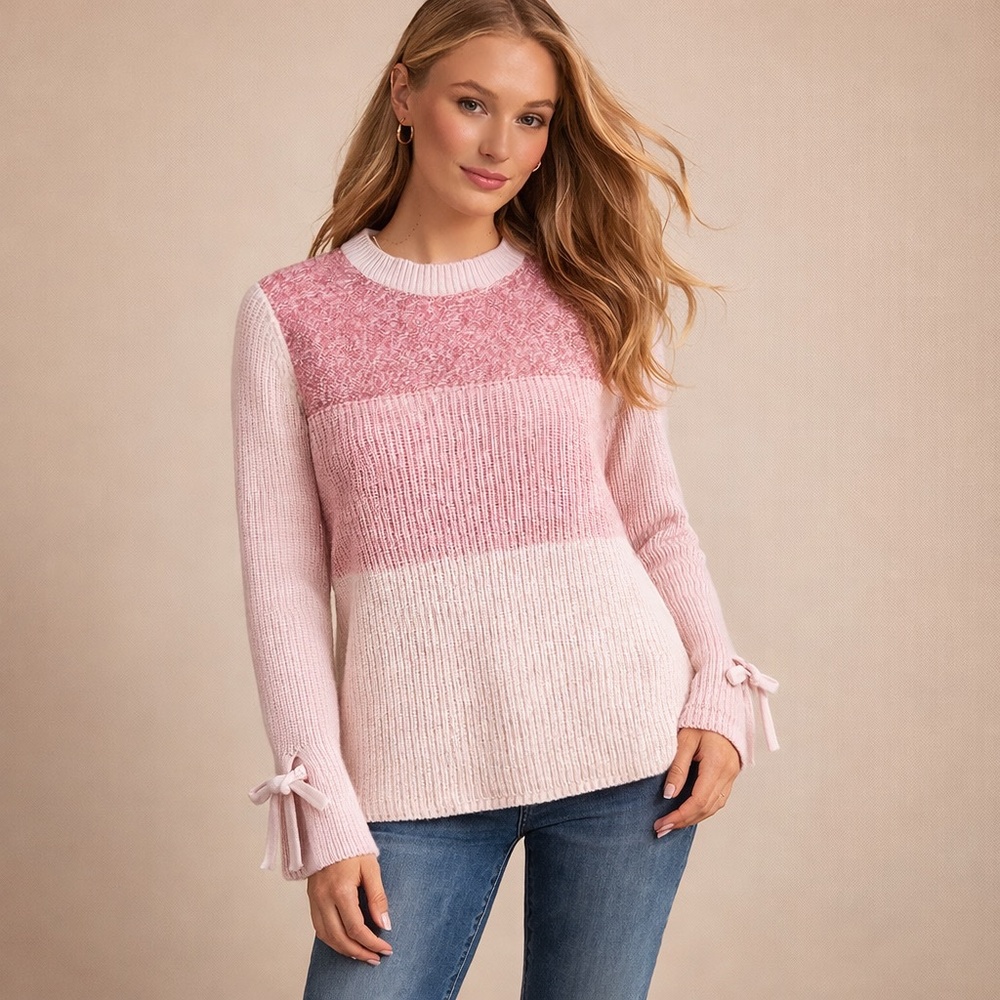 Coquette M Ribbed Knit Sweater Bow Tie Cuff Pink Colorblock